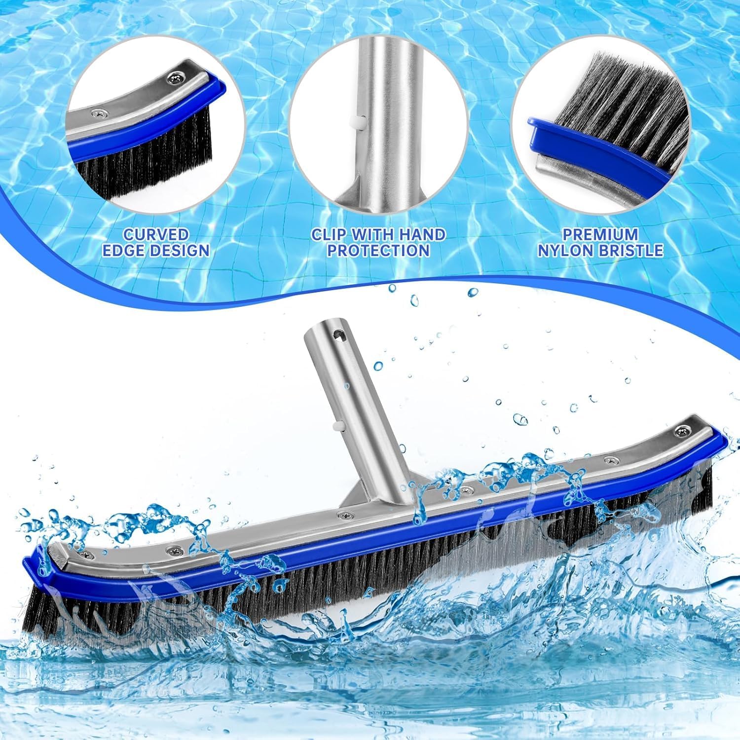 Unipool pool brush on a pool deck beside water