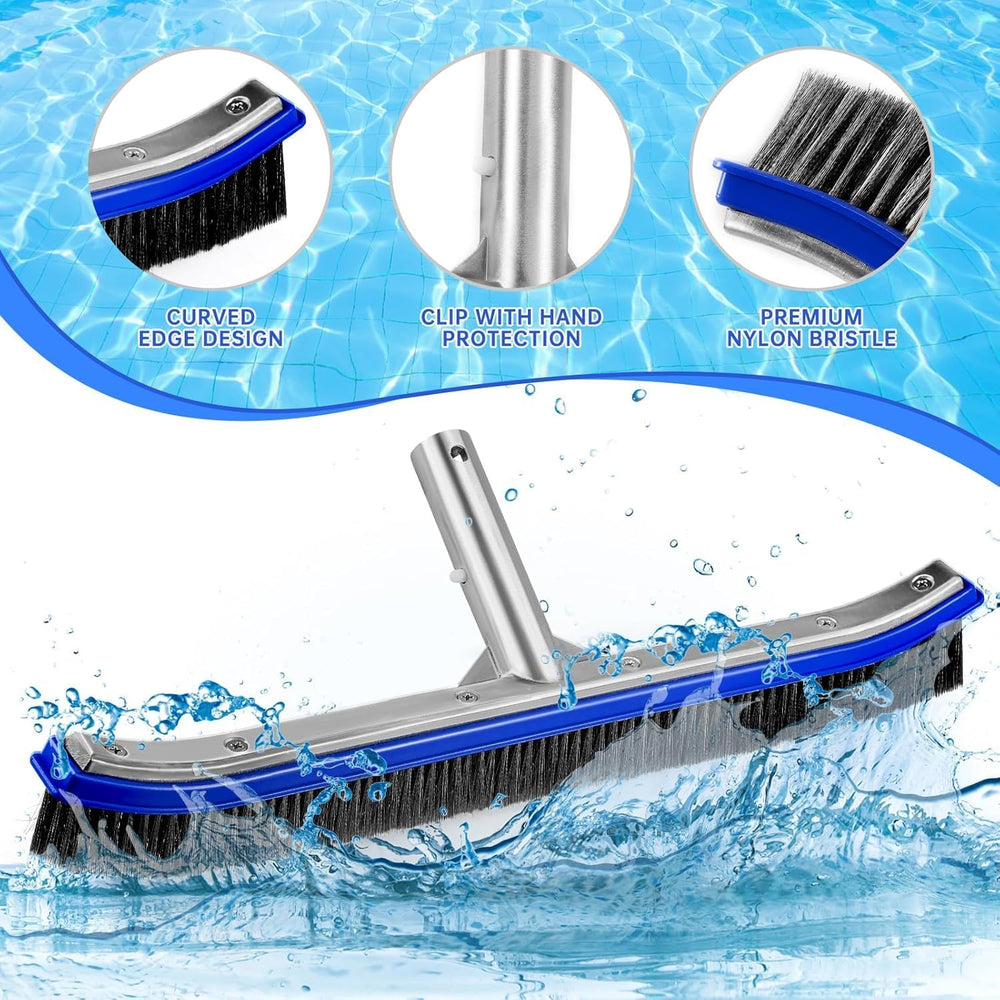 Unipool pool brush on a pool deck beside water
