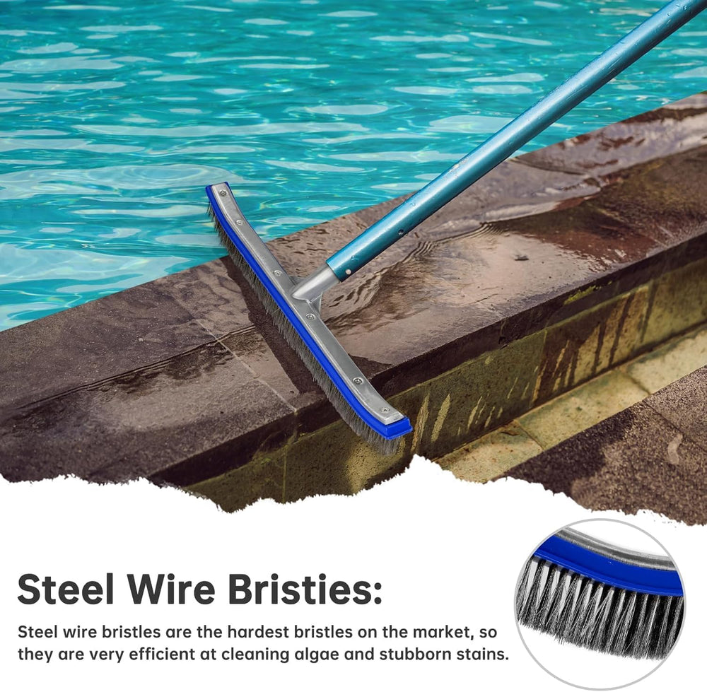 Unipool pool brush with blue bristles on a tiled pool surface