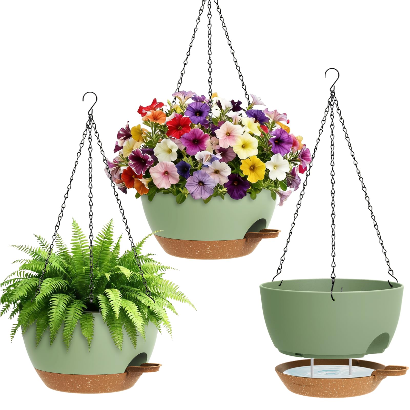 UOUZ 10 inch self-watering hanging planter in green and brown