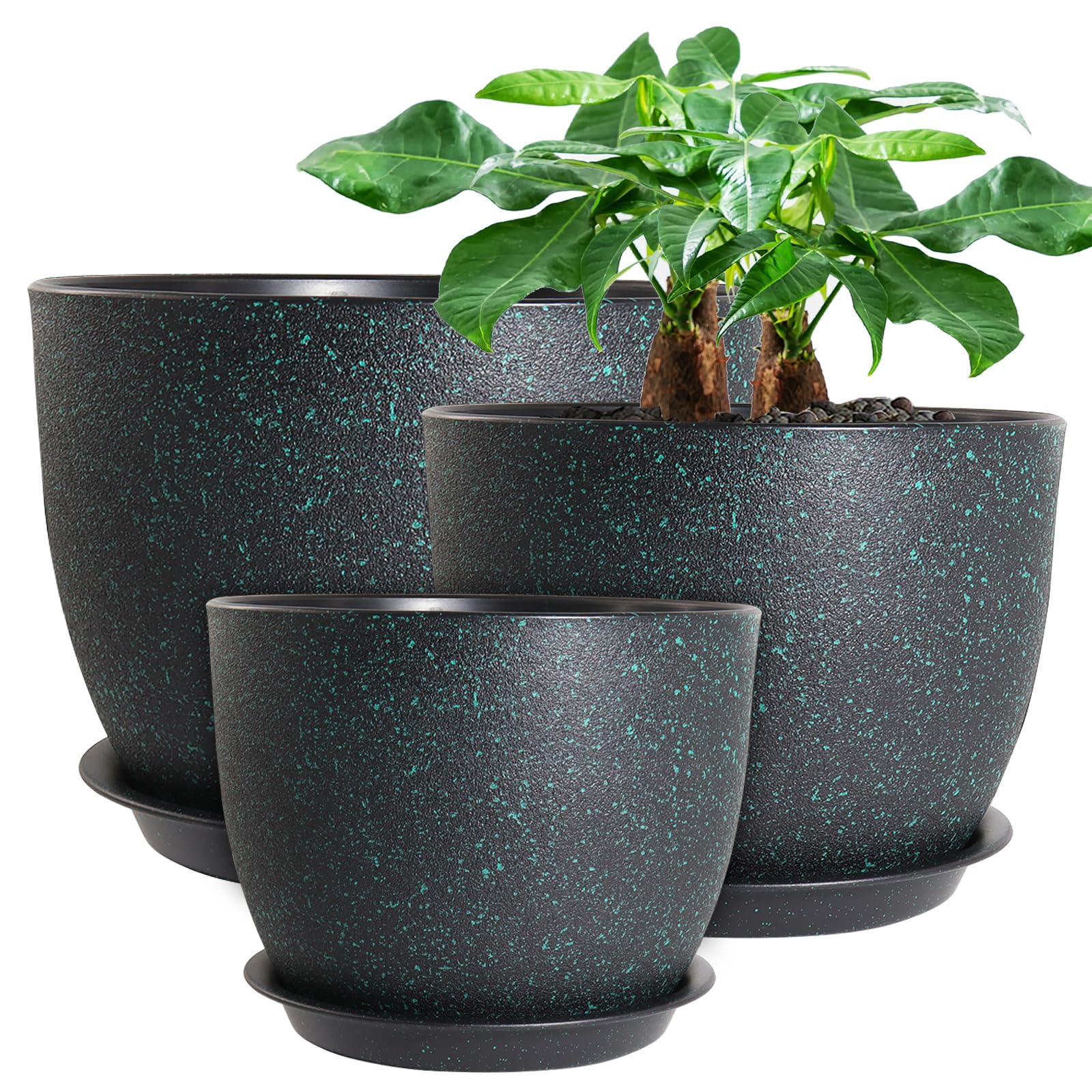 UOUZ 12-inch black plant pot with green speckles front view