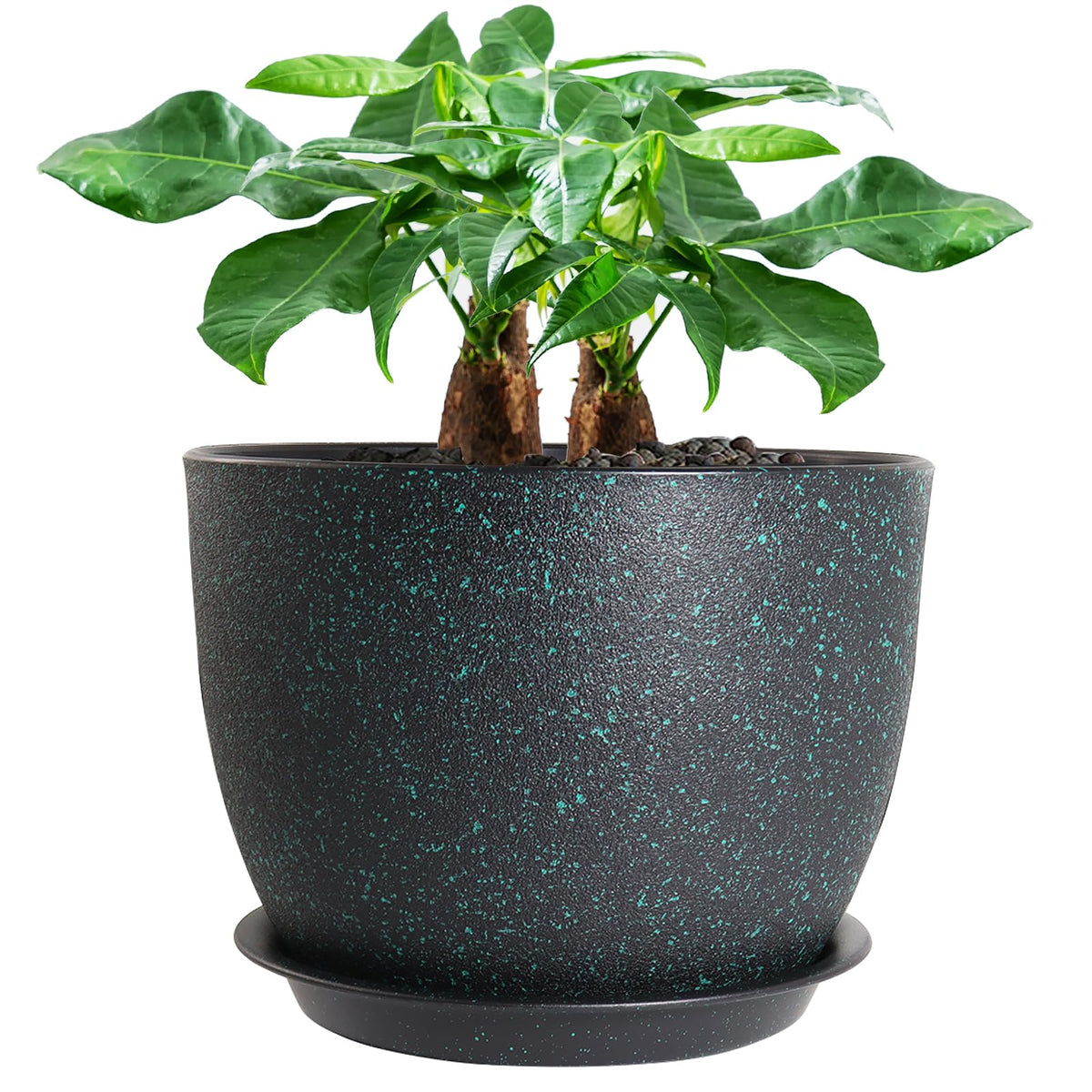 UOUZ 12-inch large plant pot black with green speckles front view