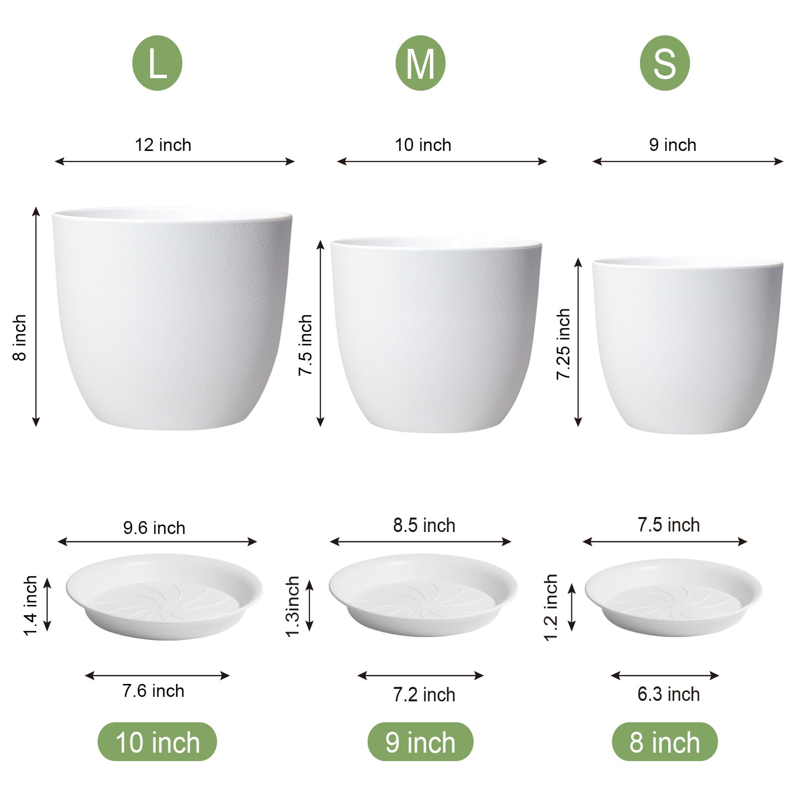 UOUZ 9-inch large plant pot white with saucer