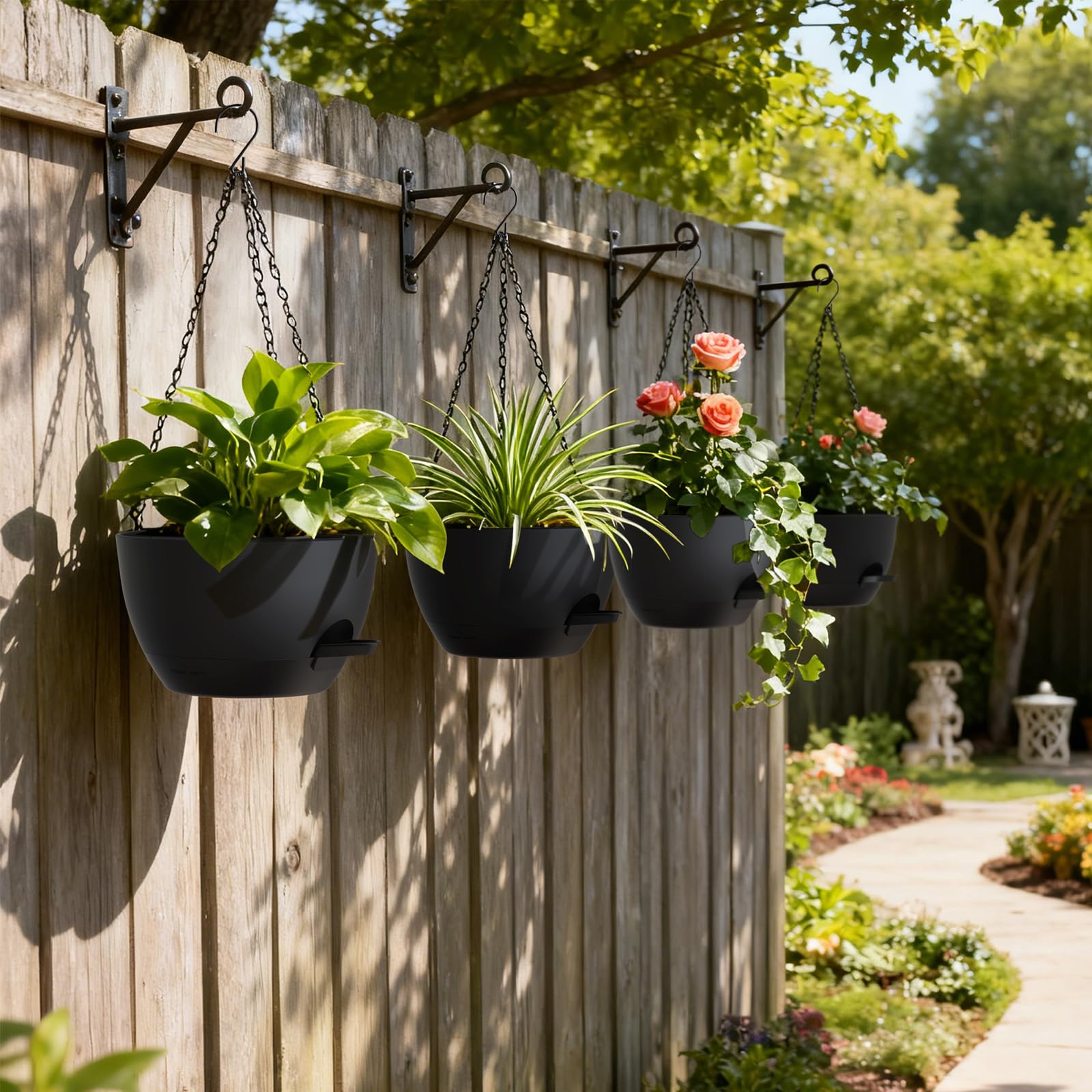 UOUZ hanging planter with plants in a garden setting