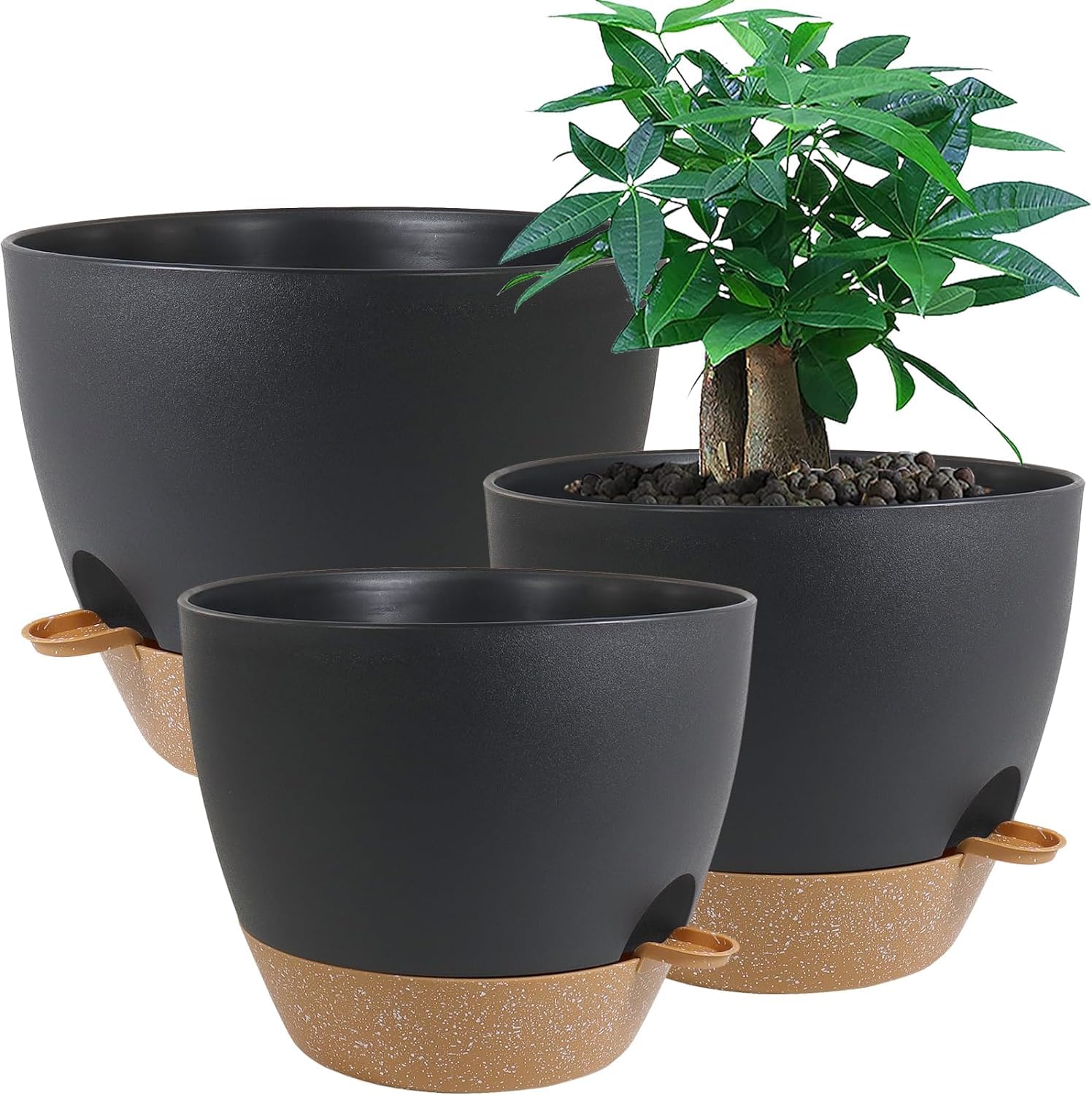 UOUZ self watering pots set of three in black with brown, 12/10/9 inch sizes