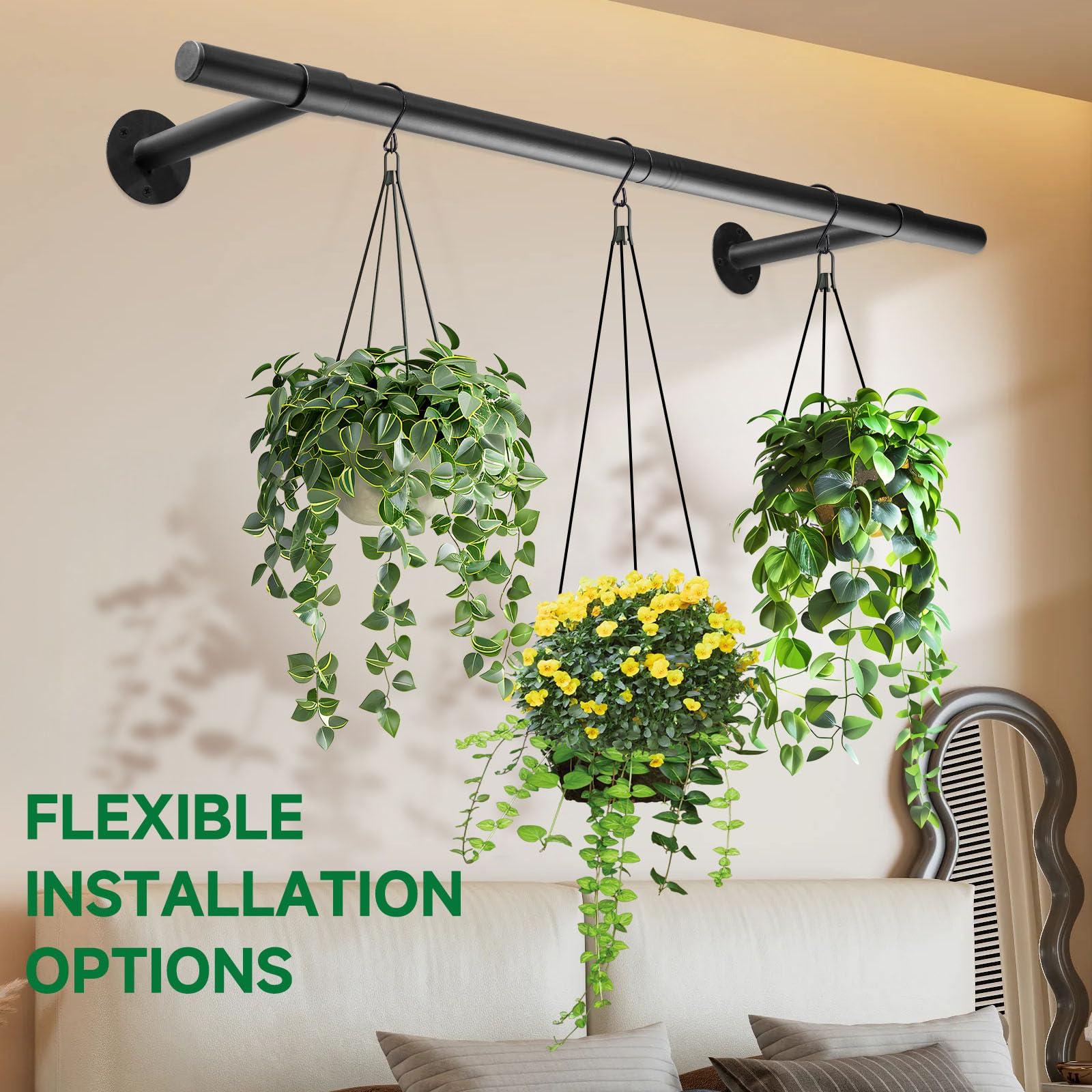 Uoveya Hanging Planters Rod front view with plants