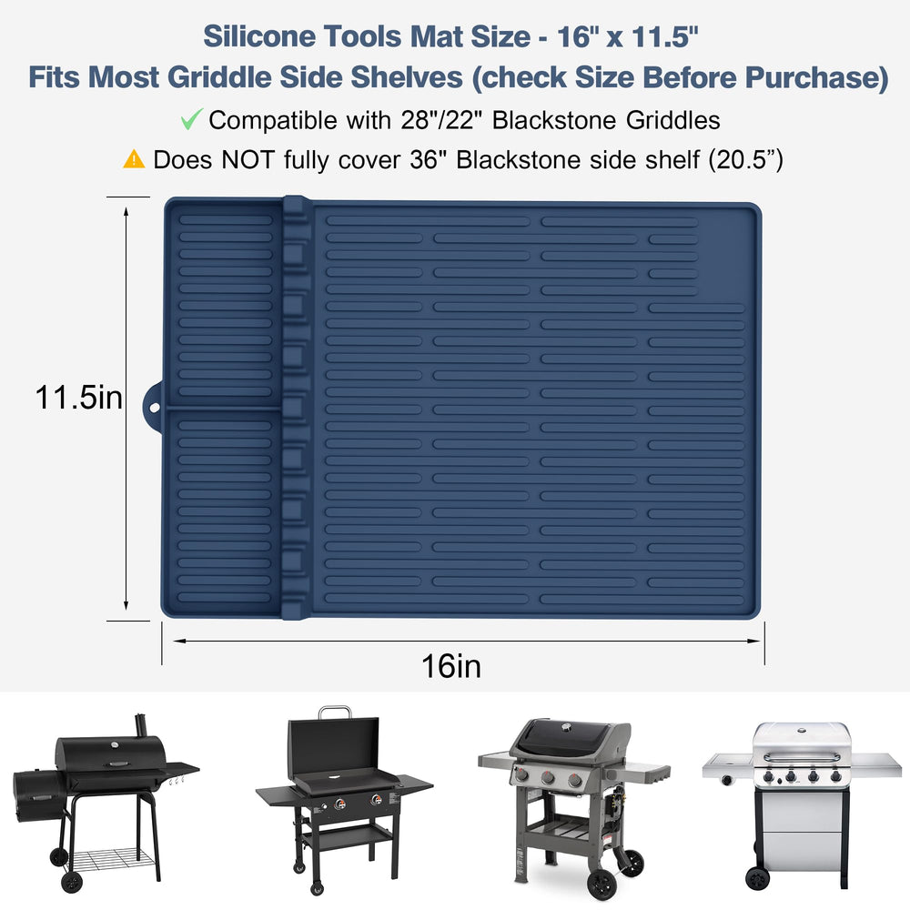 Uozuke Silicone Grill Mat displaying grilling tools in slots