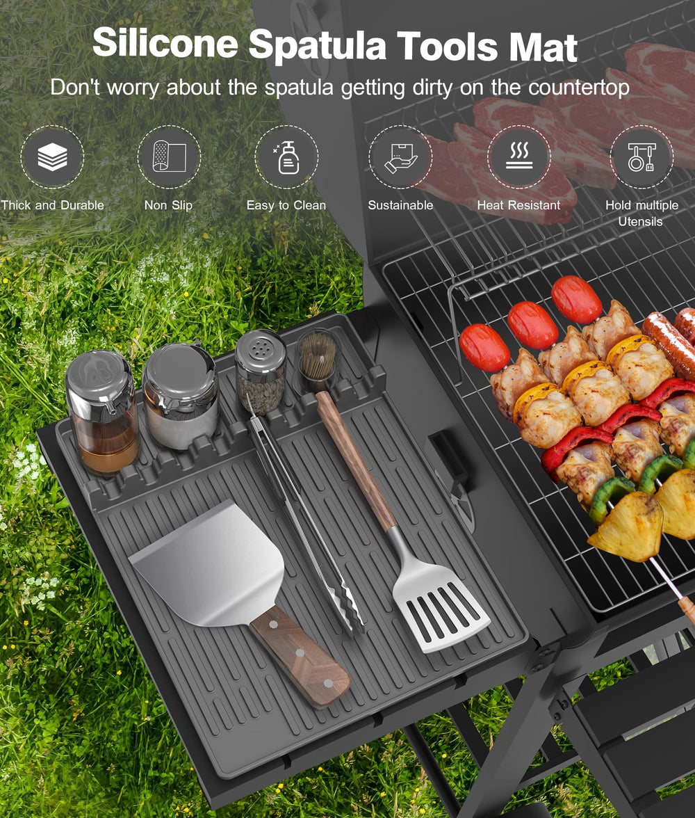 Uozuke Silicone Grill Mat in use with grilling tools organized