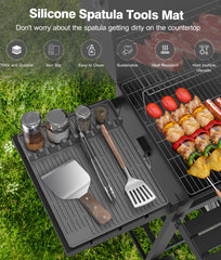 Uozuke Silicone Grill Mat in use with grilling tools organized