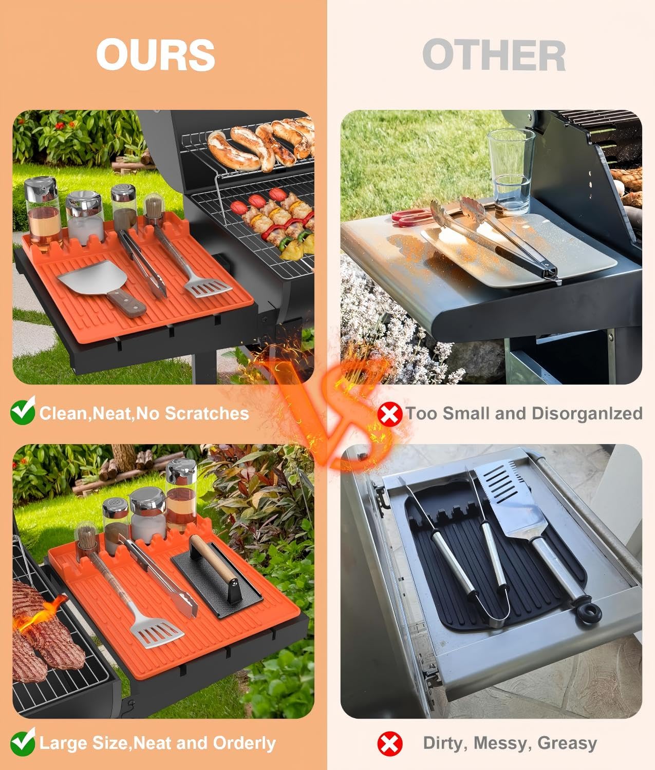Uozuke Silicone Grill Mat laid out with grilling tools organized