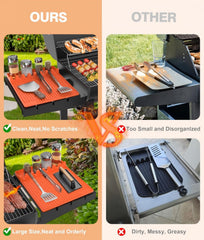 Uozuke Silicone Grill Mat laid out with grilling tools organized