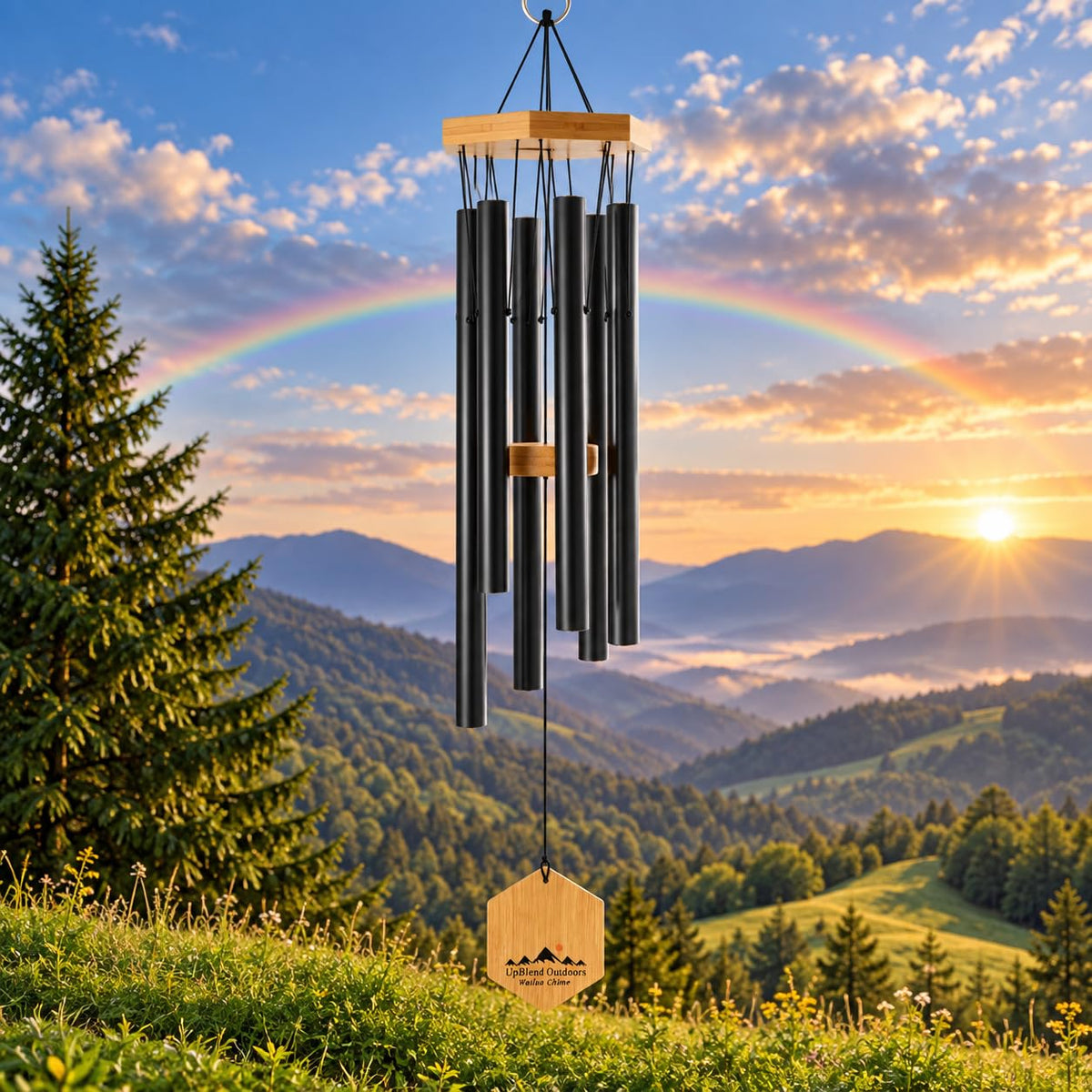UpBlend Outdoors Black Wind Chimes front view with bamboo accents
