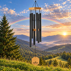 UpBlend Outdoors Black Wind Chimes front view with bamboo accents