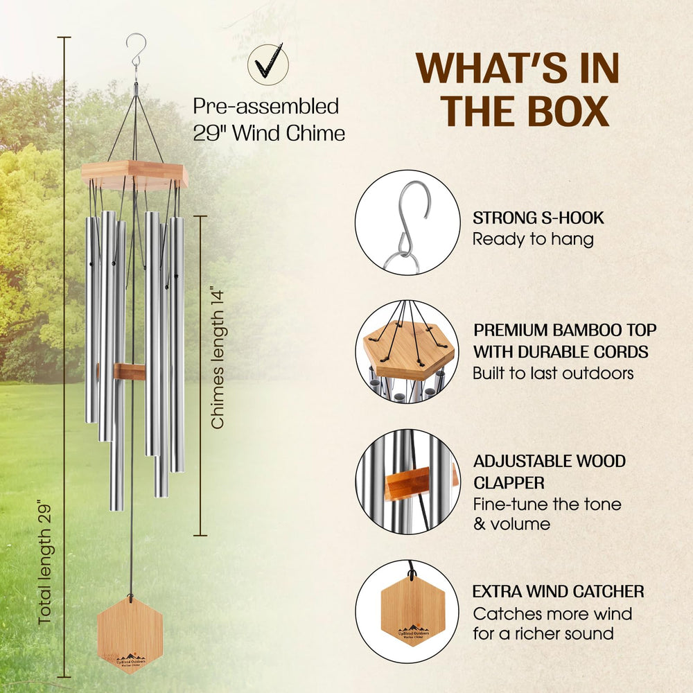UpBlend Outdoors Silver Wind Chime in a serene outdoor setting