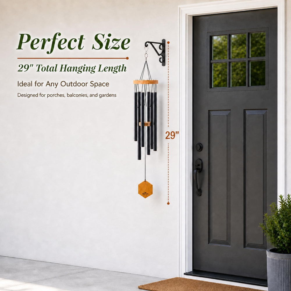 UpBlend Outdoors wind chimes on a patio with flowers in the background