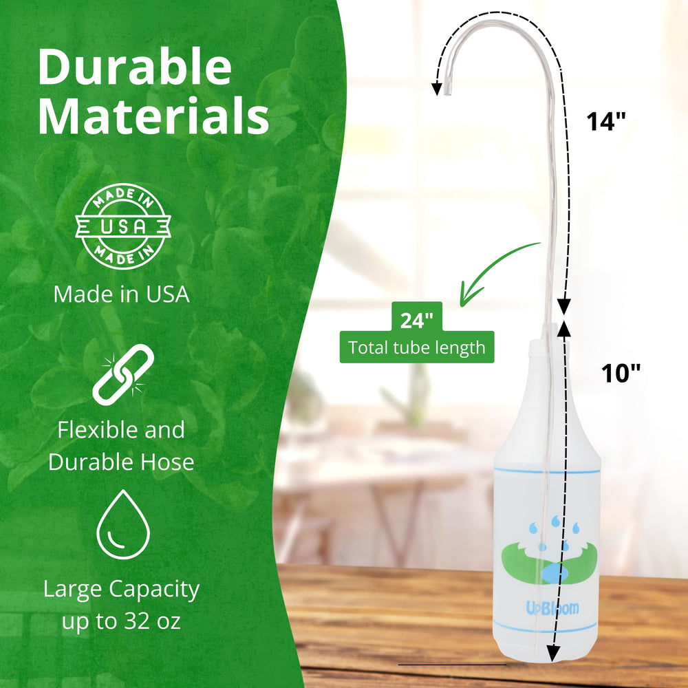 UpBloom squeeze bottle in use watering hanging plants