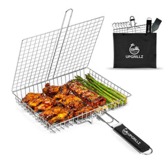 Upgrillz Fish Grill Basket front view with wooden handle