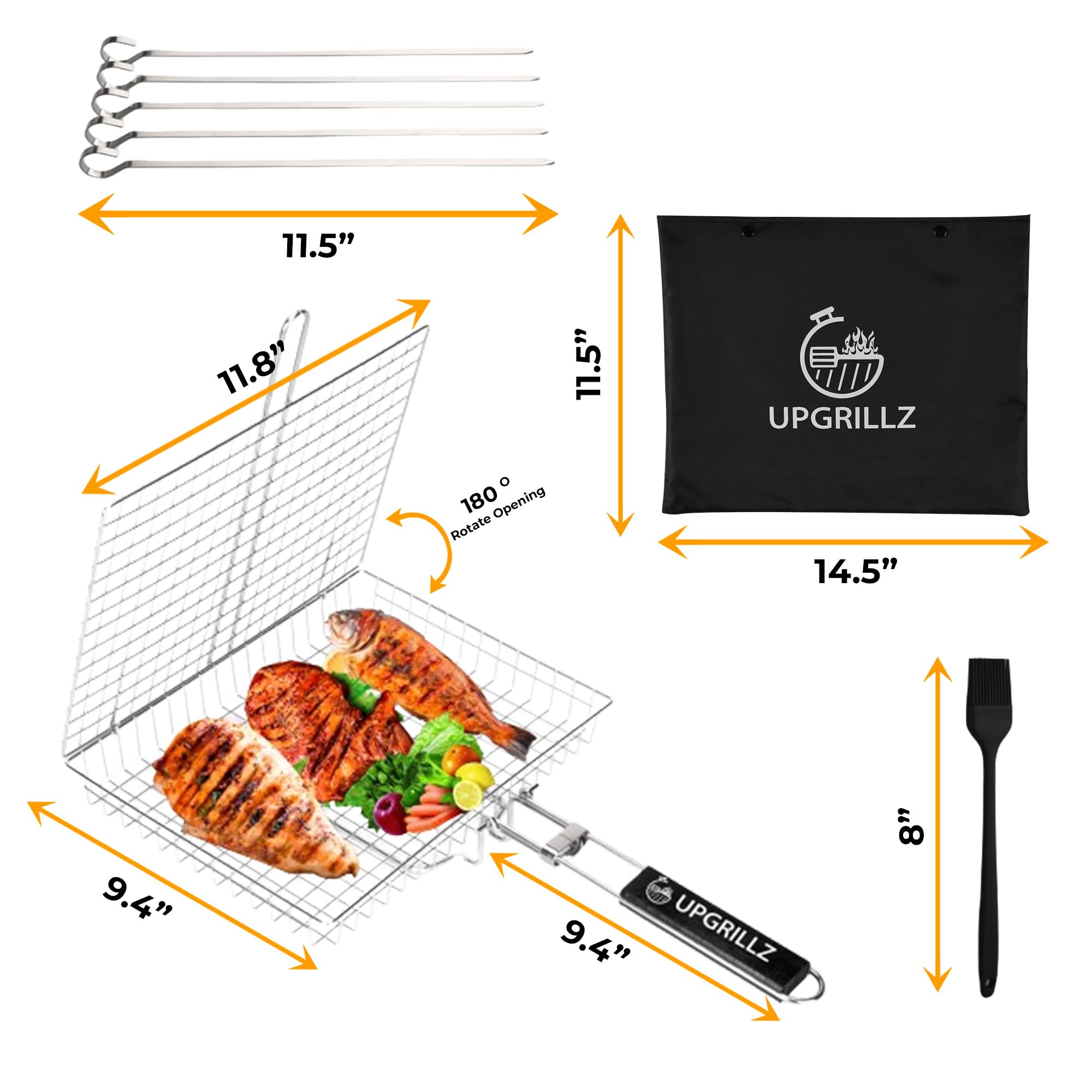 Upgrillz Fish Grill Basket with included skewers and brush