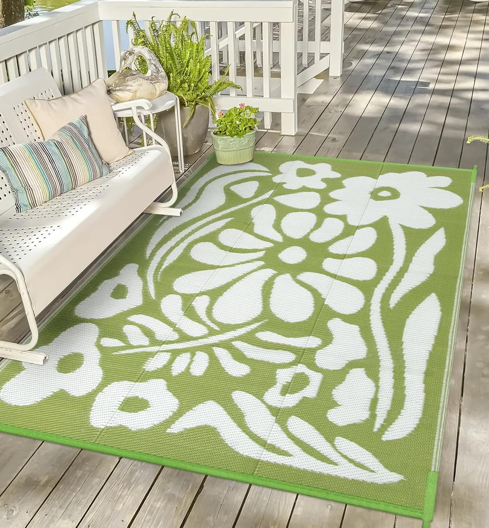 Uphome Outdoor Plastic Straw Mat 5x8 ft green floral front view