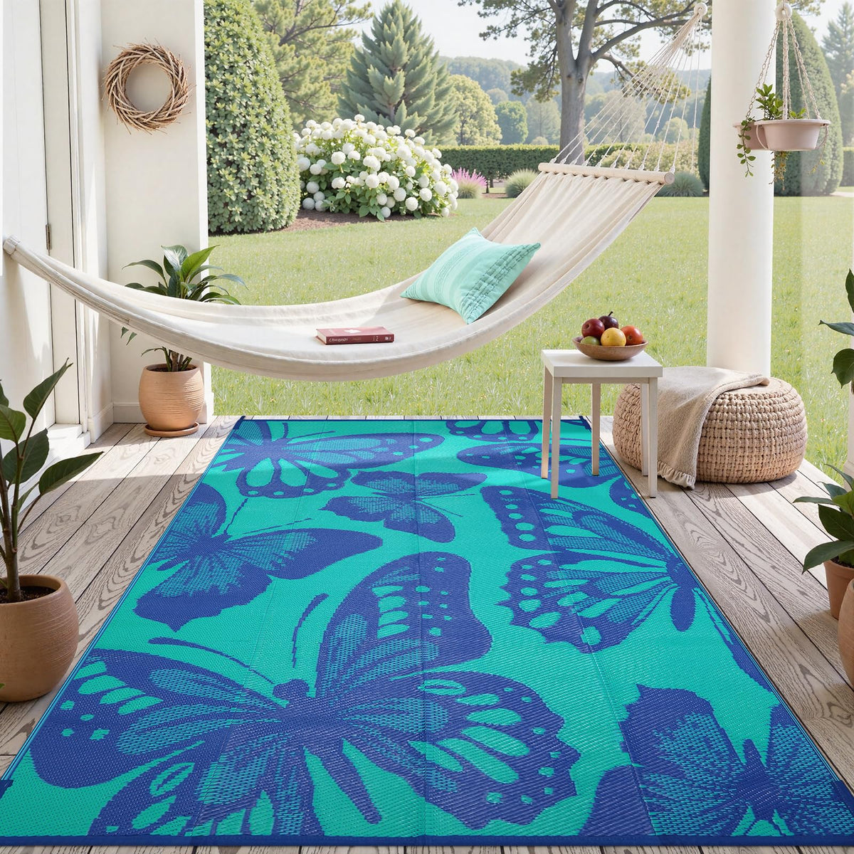 Uphome Outdoor Rug 6x9 ft waterproof bluish violet butterfly pattern