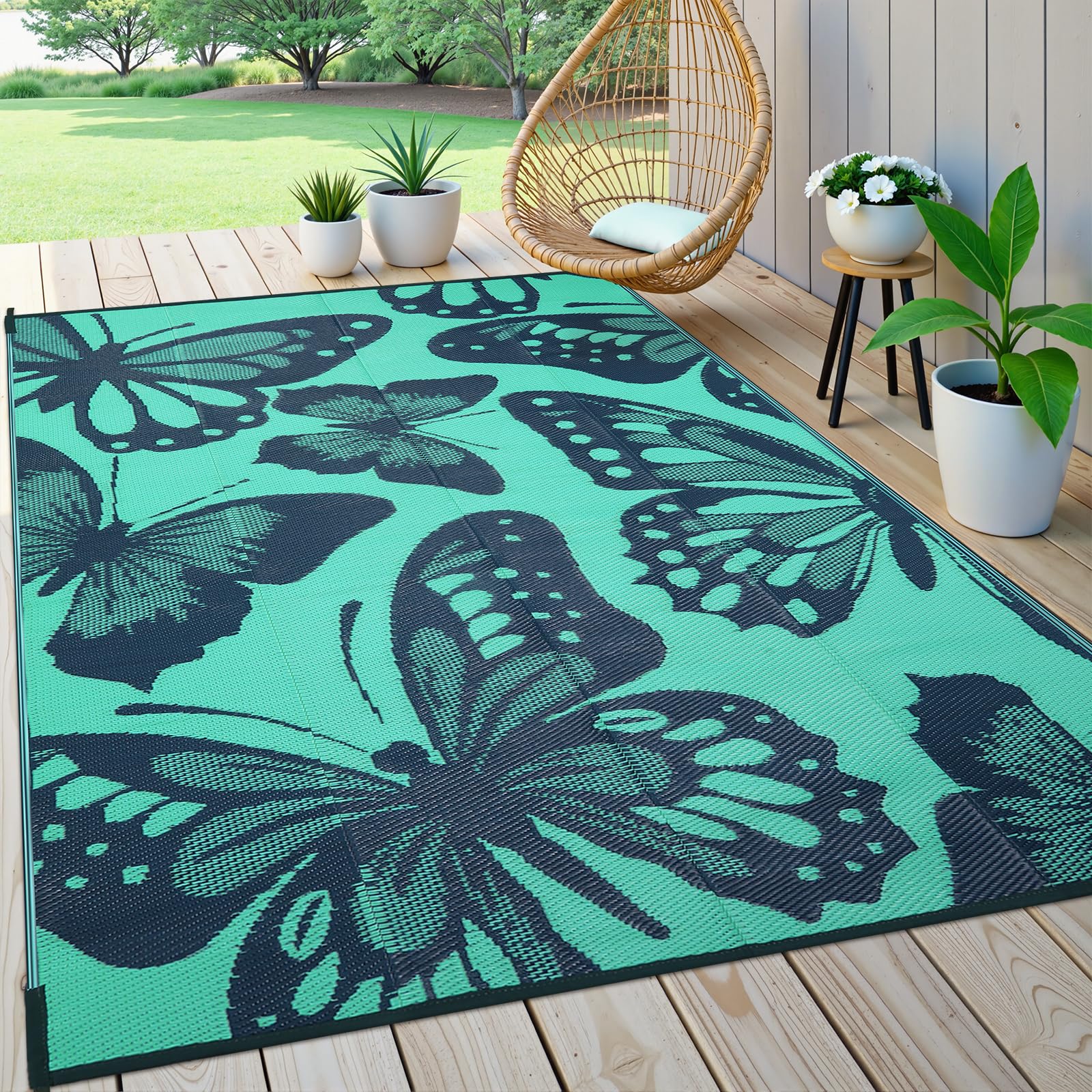 Uphome Outdoor Rug 8x10 ft teal with butterfly pattern
