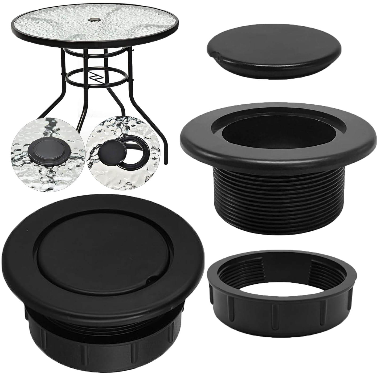 UpinFun Patio Table Umbrella Hole Ring Plug Set, three pieces in black