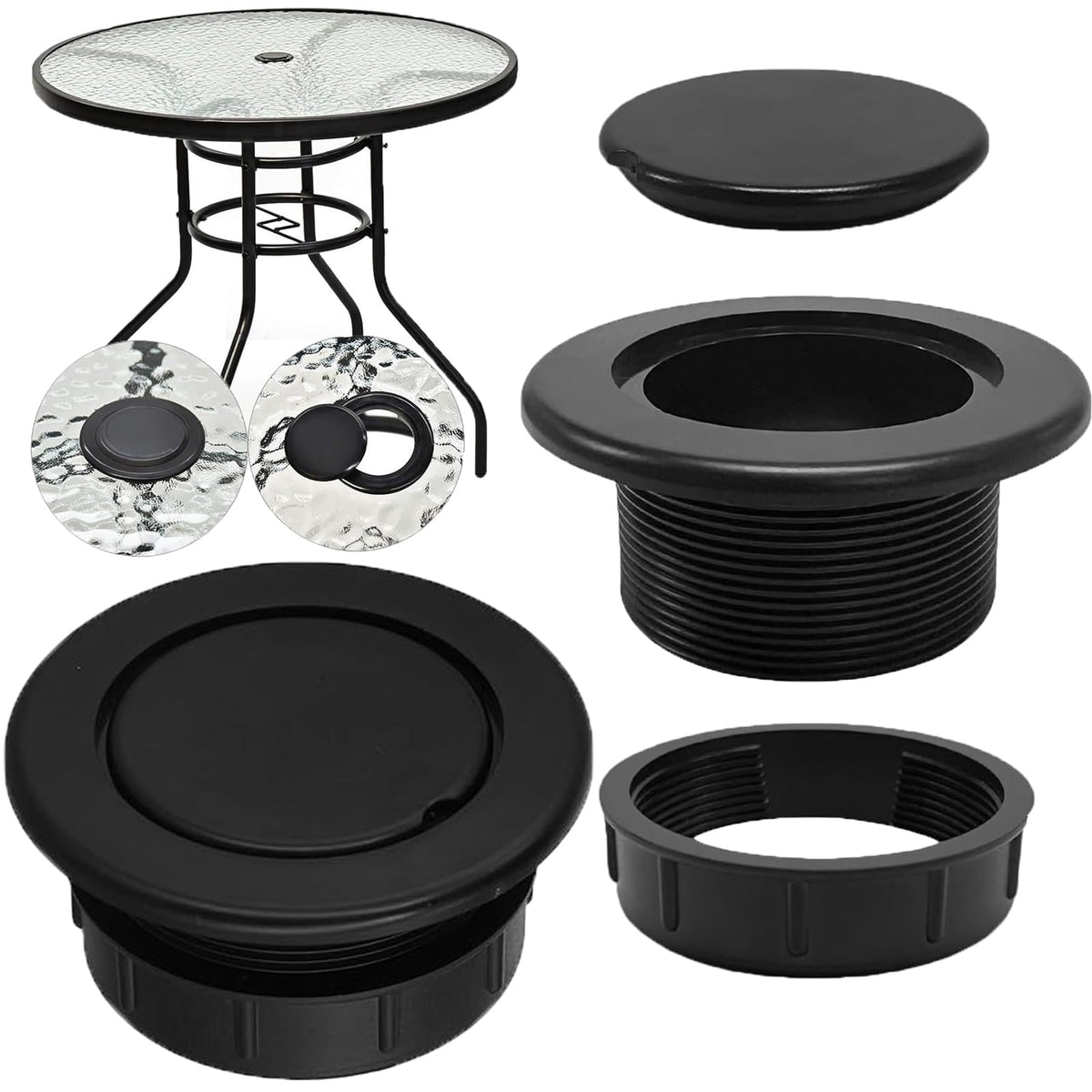 UpinFun Patio Table Umbrella Hole Ring Plug Set, three pieces in black