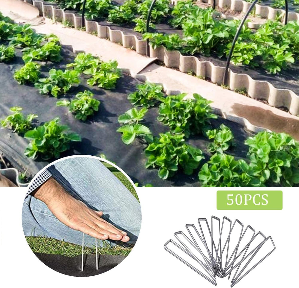 UPMCT galvanized garden staples used to secure landscape fabric
