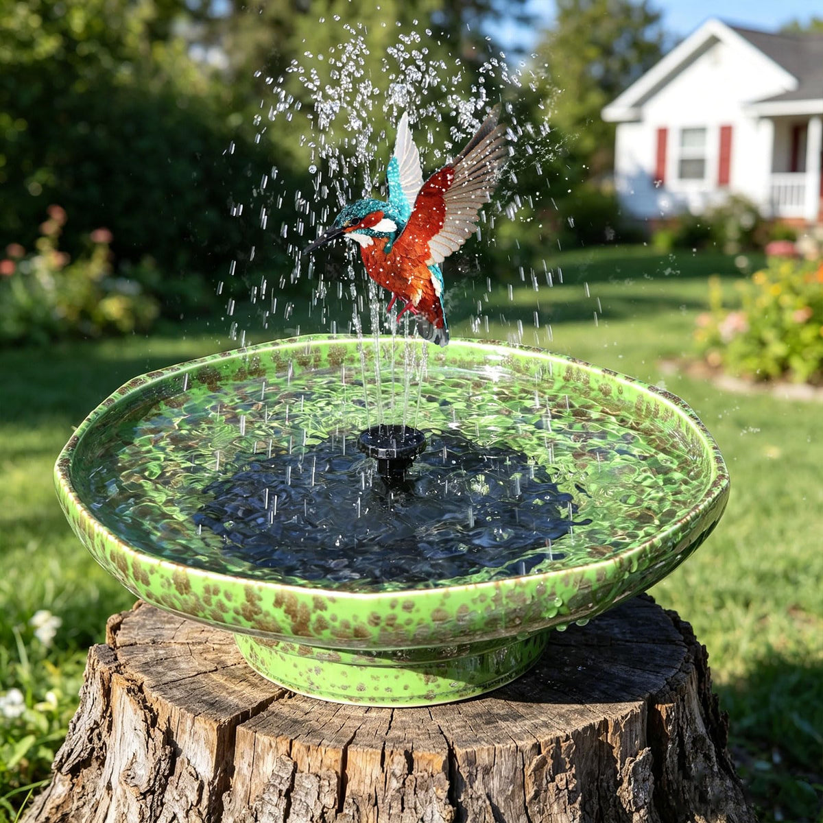 UPSJYJ solar ceramic bird bath fountain in green, front view