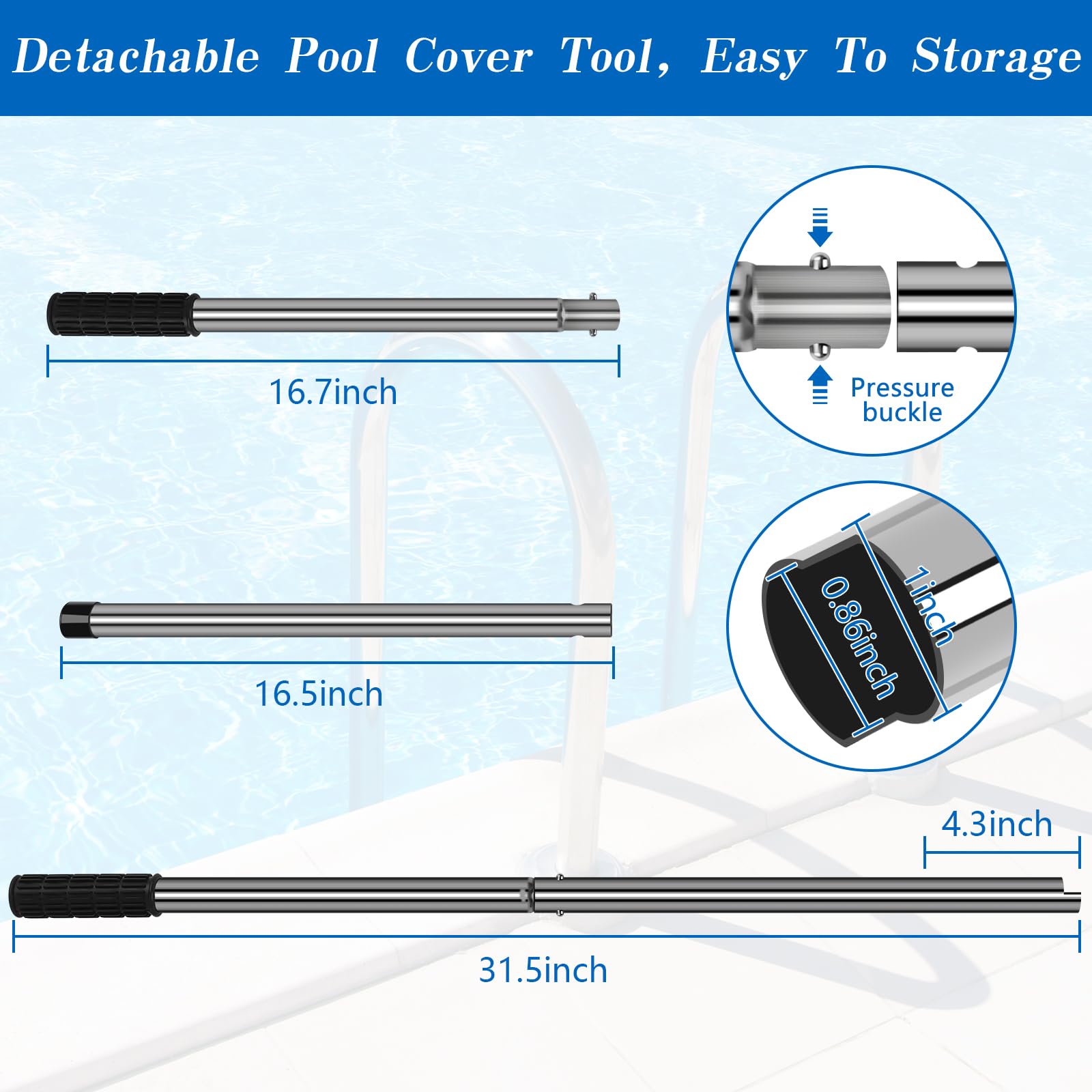 UQM Pool Cover Tool close-up of stainless steel material