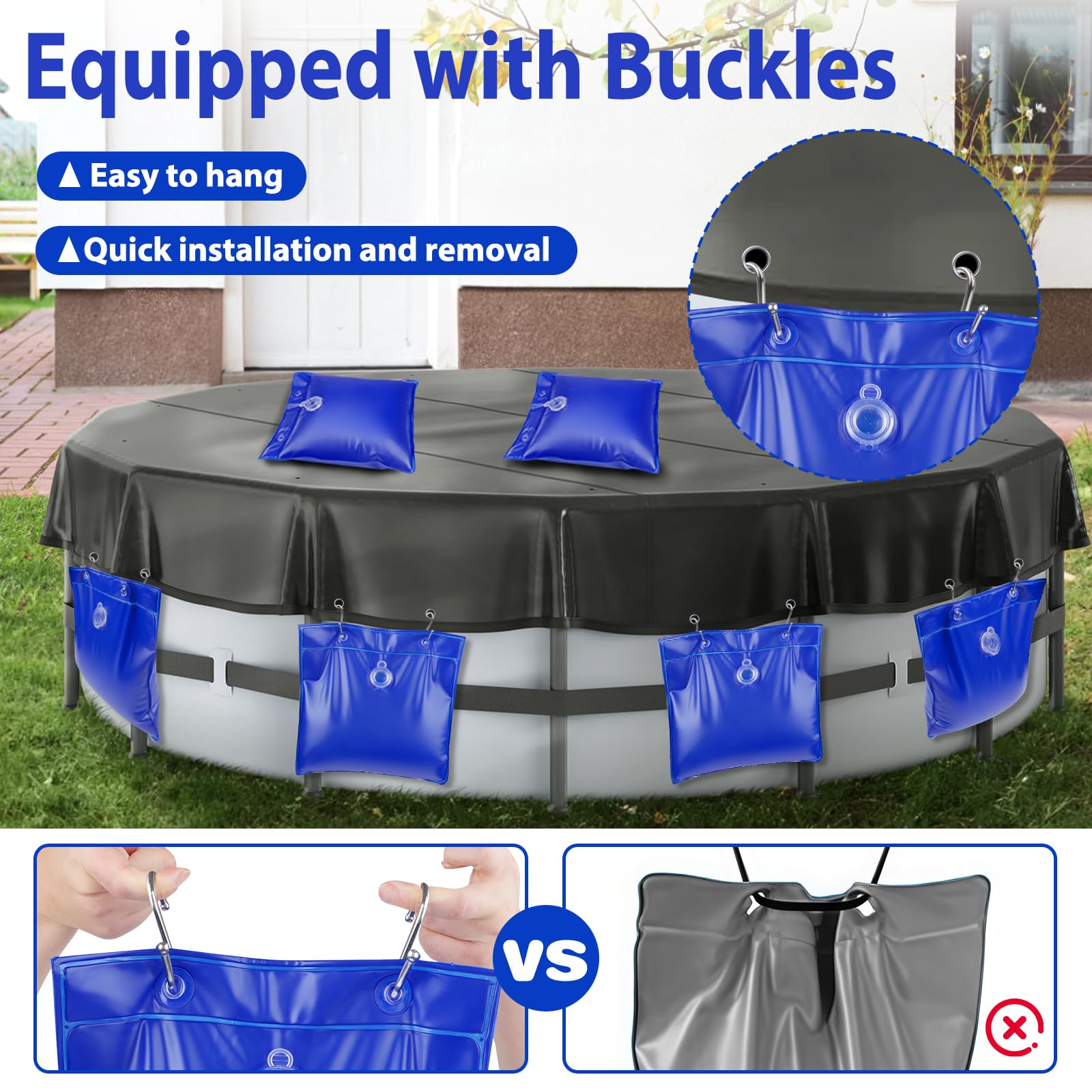 UQM pool cover weights filled with water, showing seal design