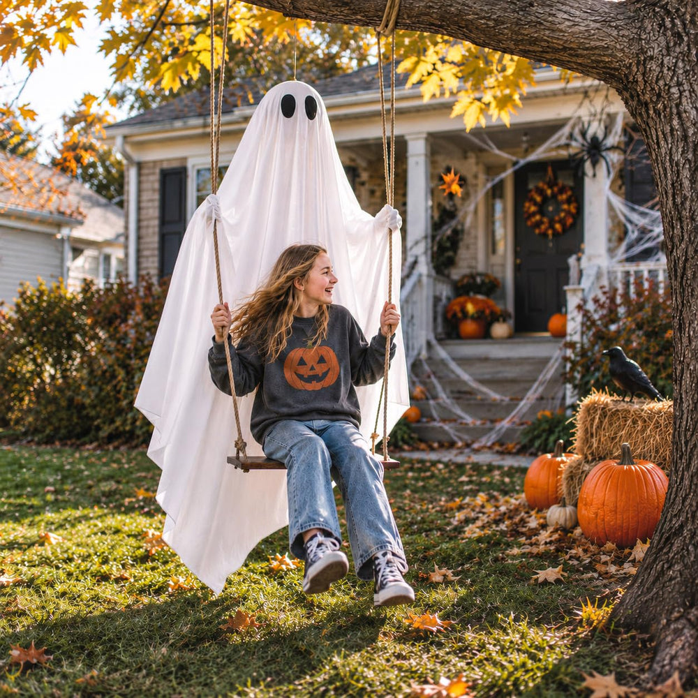UrBstly ghost decoration hanging from a tree branch