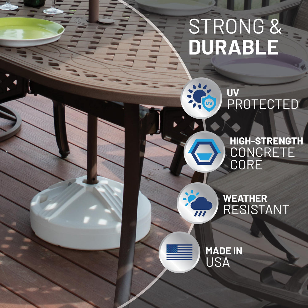 US Weight Fillable Umbrella Base dimensions displayed