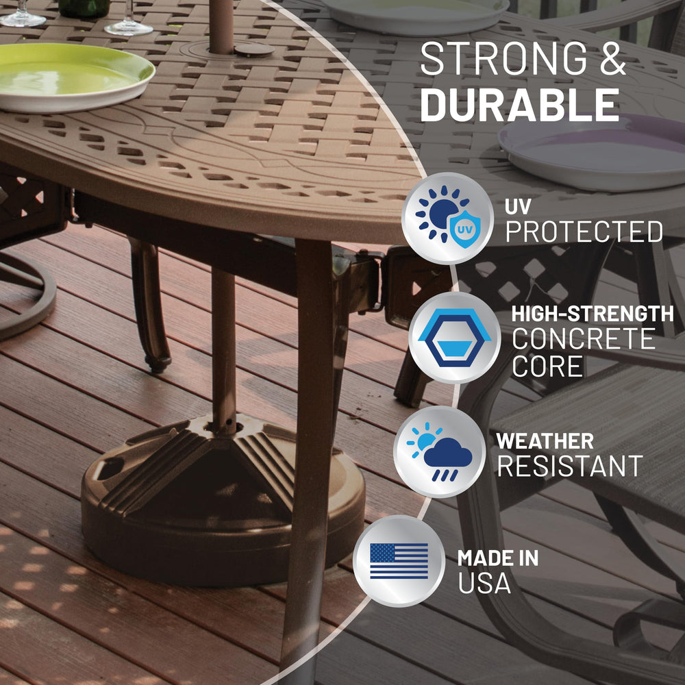 US Weight Umbrella Base in use with a patio umbrella