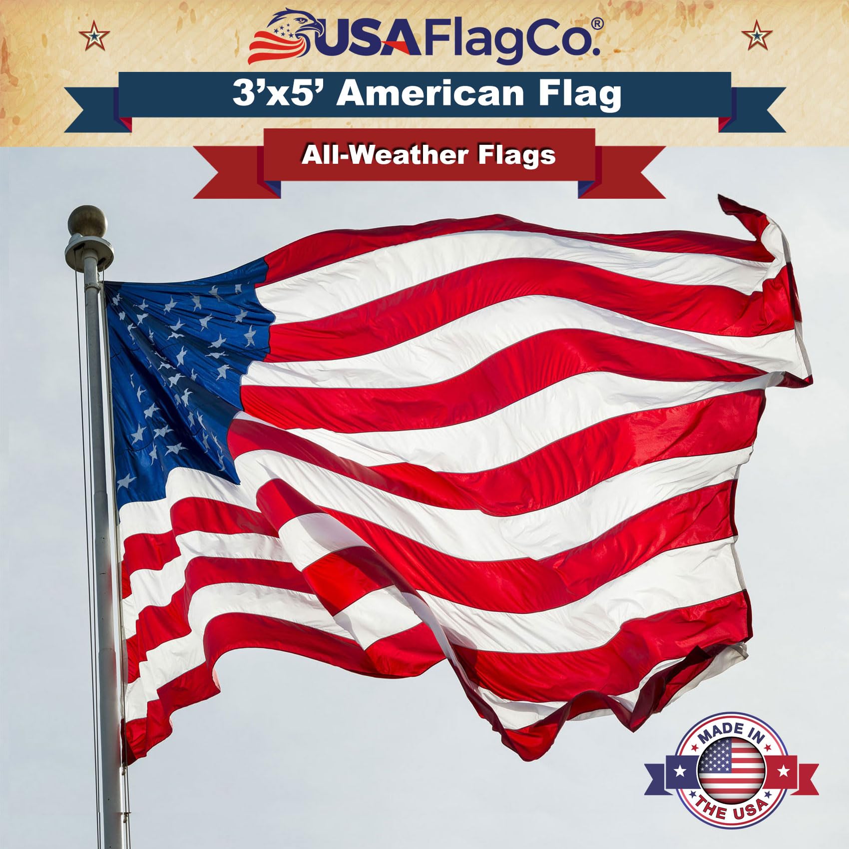 USA Flag Co. American Flag with sewn stripes, outdoors