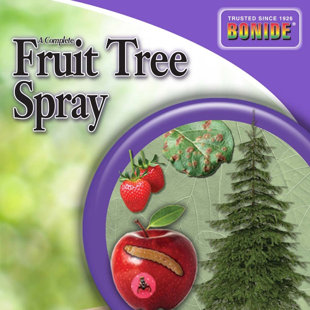 User applying Bonide Fruit Tree Spray to fruit trees
