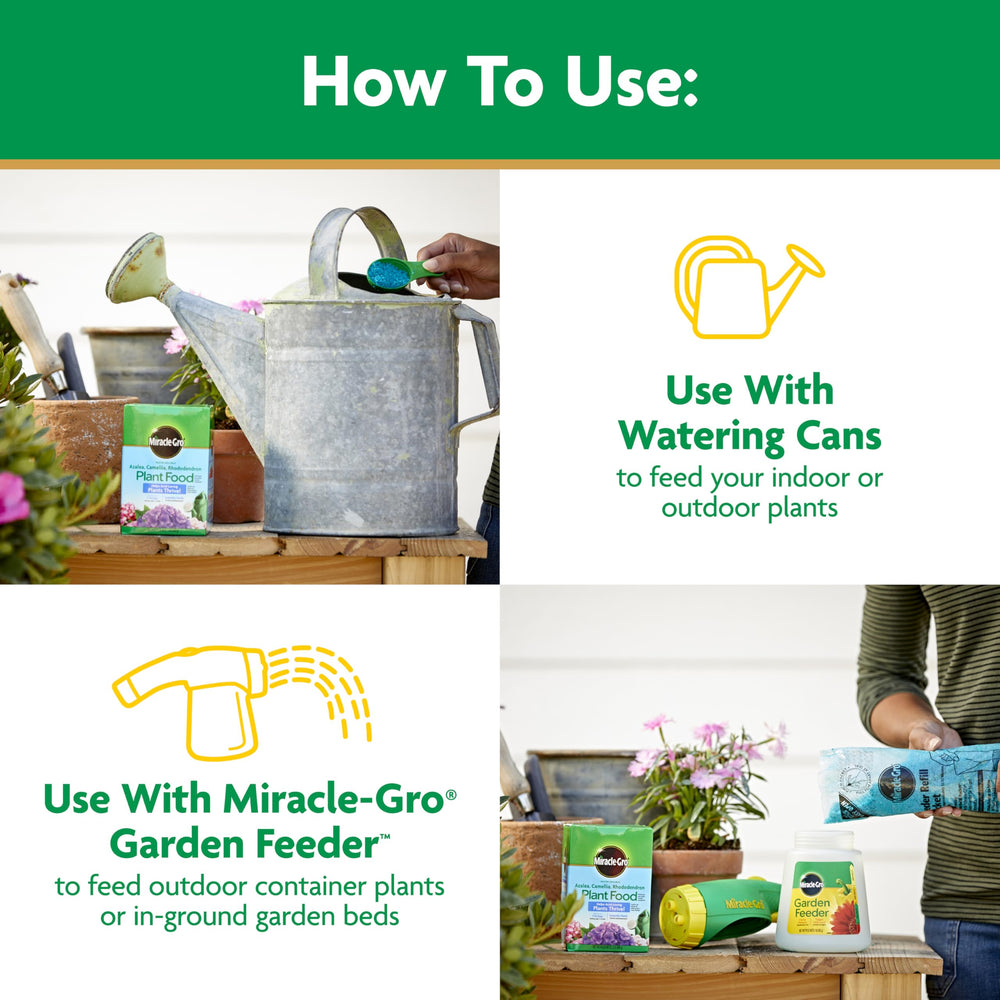 User applying Miracle-Gro Plant Food to outdoor plants