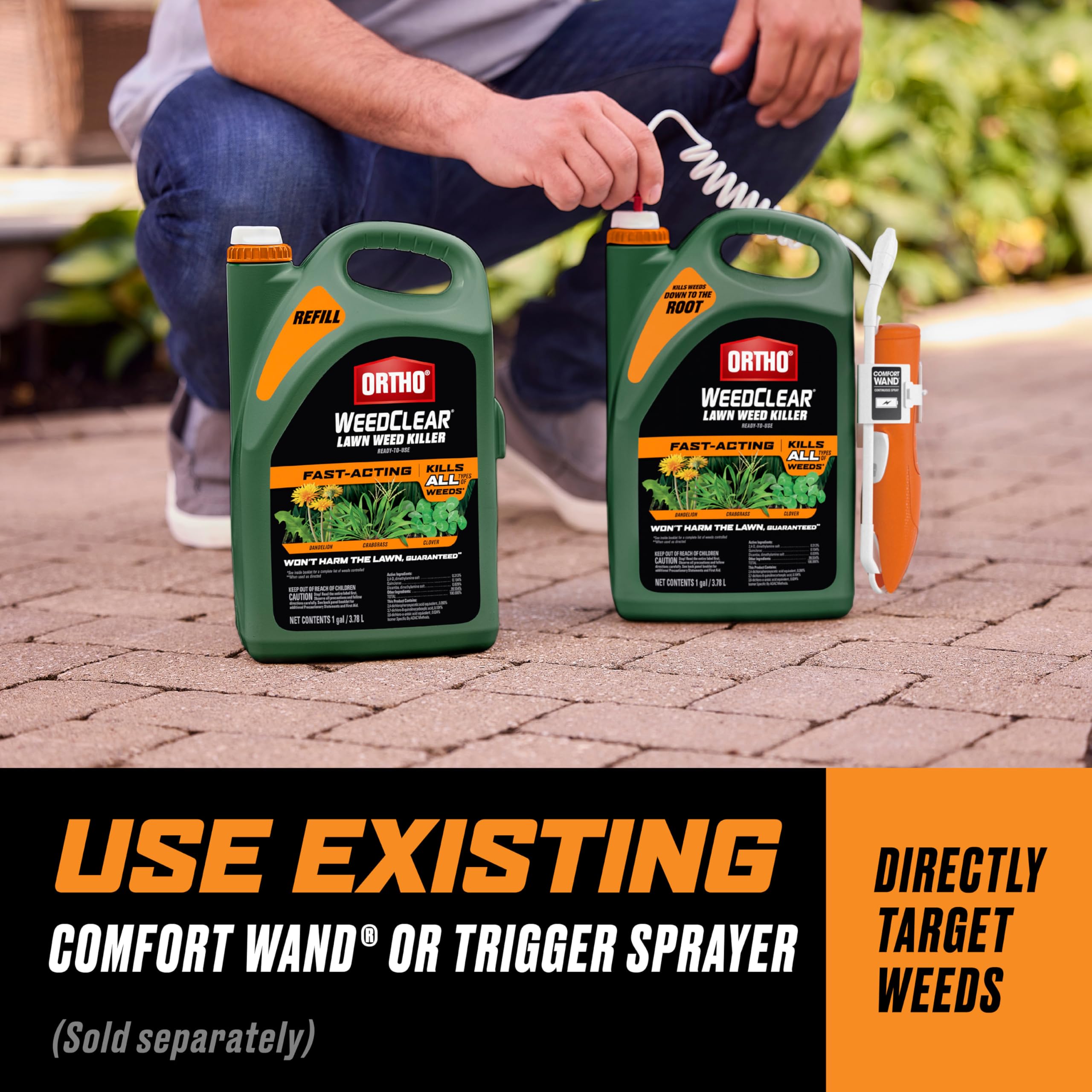 User applying Ortho WeedClear Lawn Weed Killer with Comfort Wand
