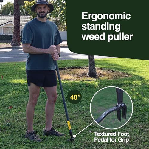 User demonstrating Rocklin Stand Up Weed Puller in action