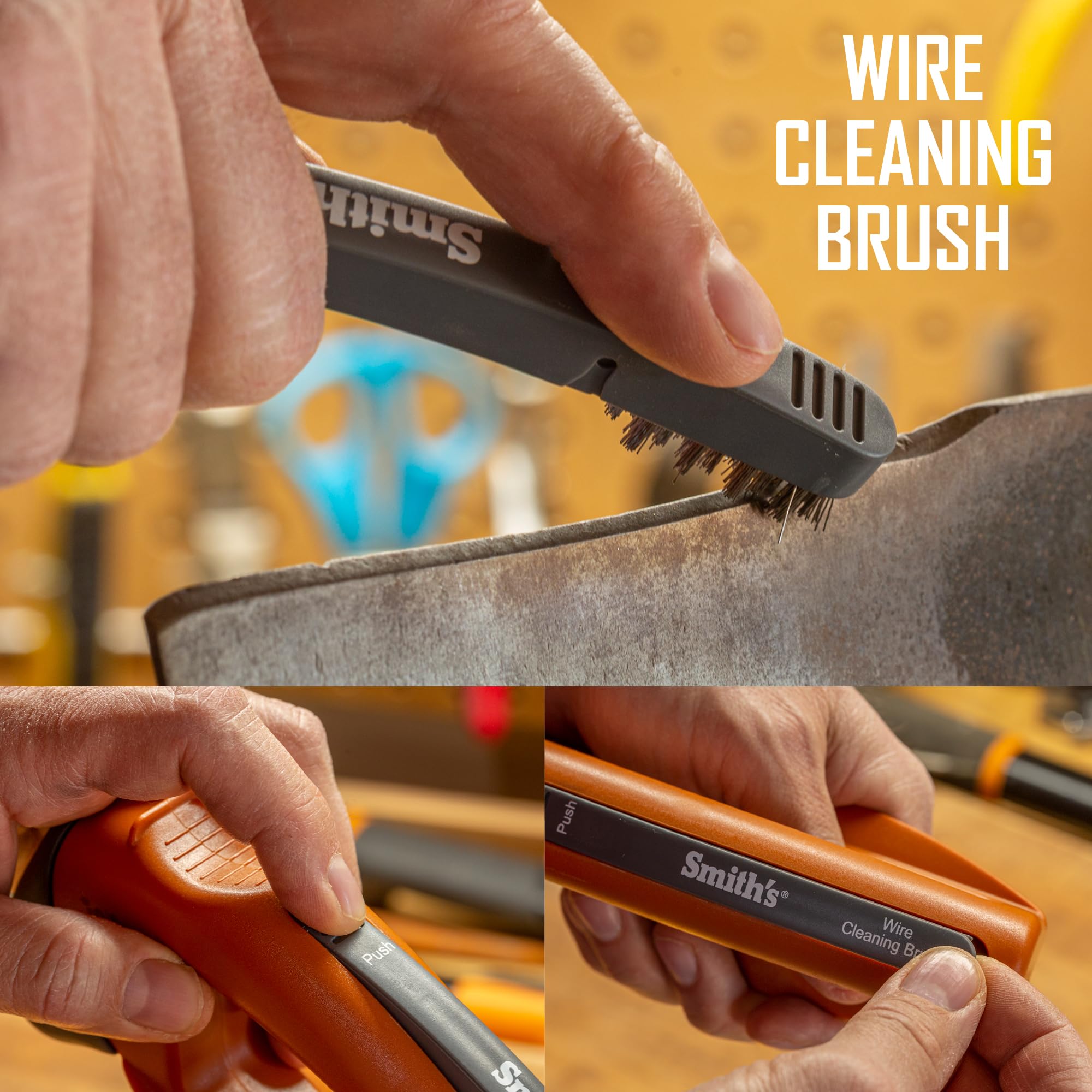 User demonstrating Smith's sharpener with gloves on