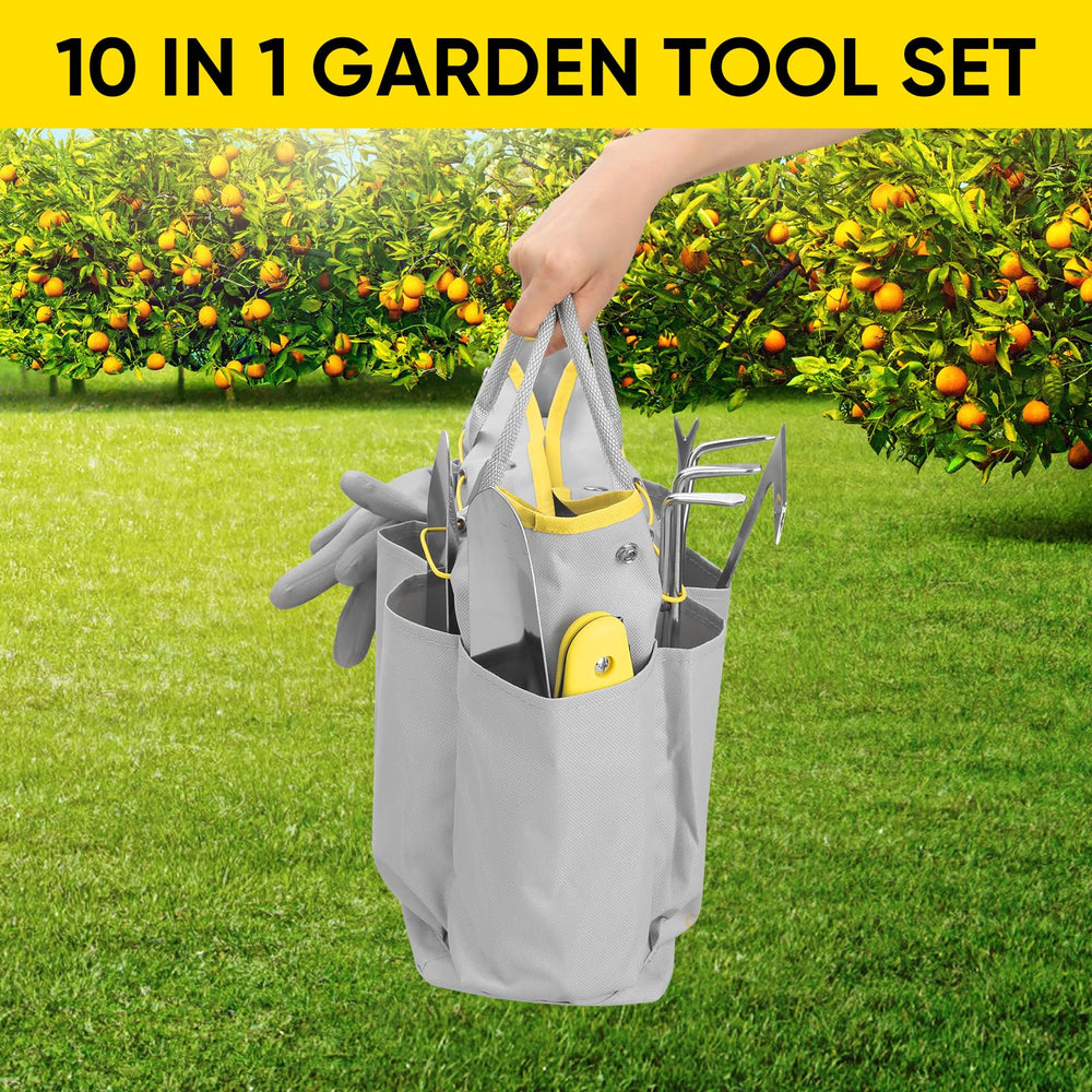 User demonstrating the use of BlumWay gardening tools in a garden