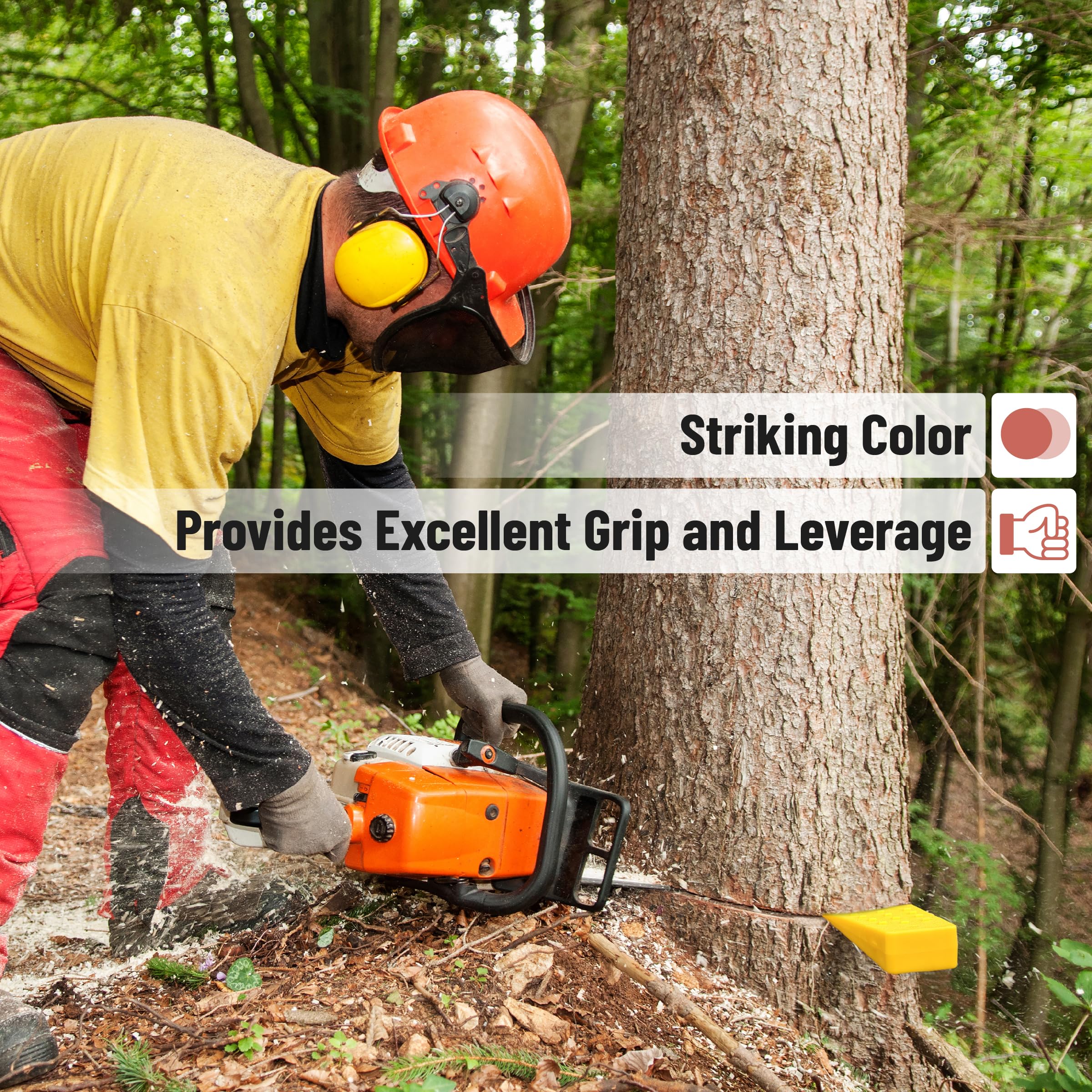 User demonstrating UNCO wedges during tree cutting