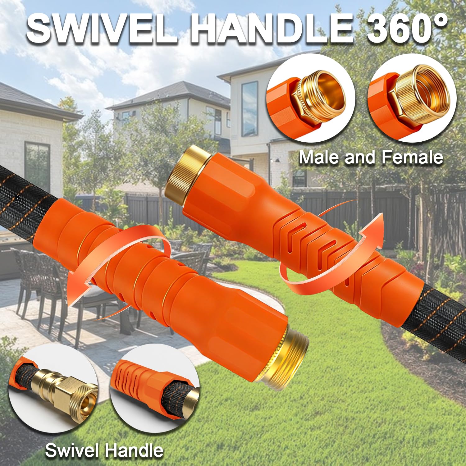 User holding BYDA 100Ft garden hose in the garden