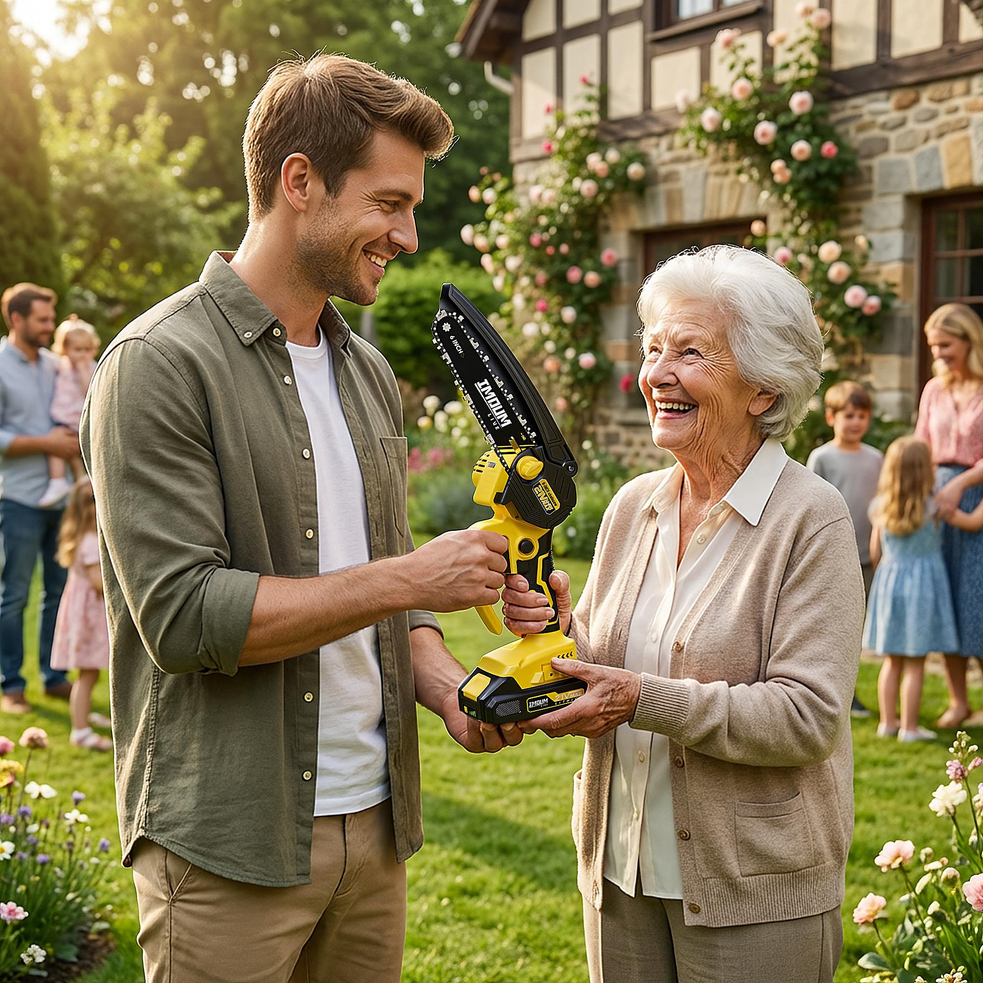 User holding IMOUMLIVE Mini Chainsaw for easy control
