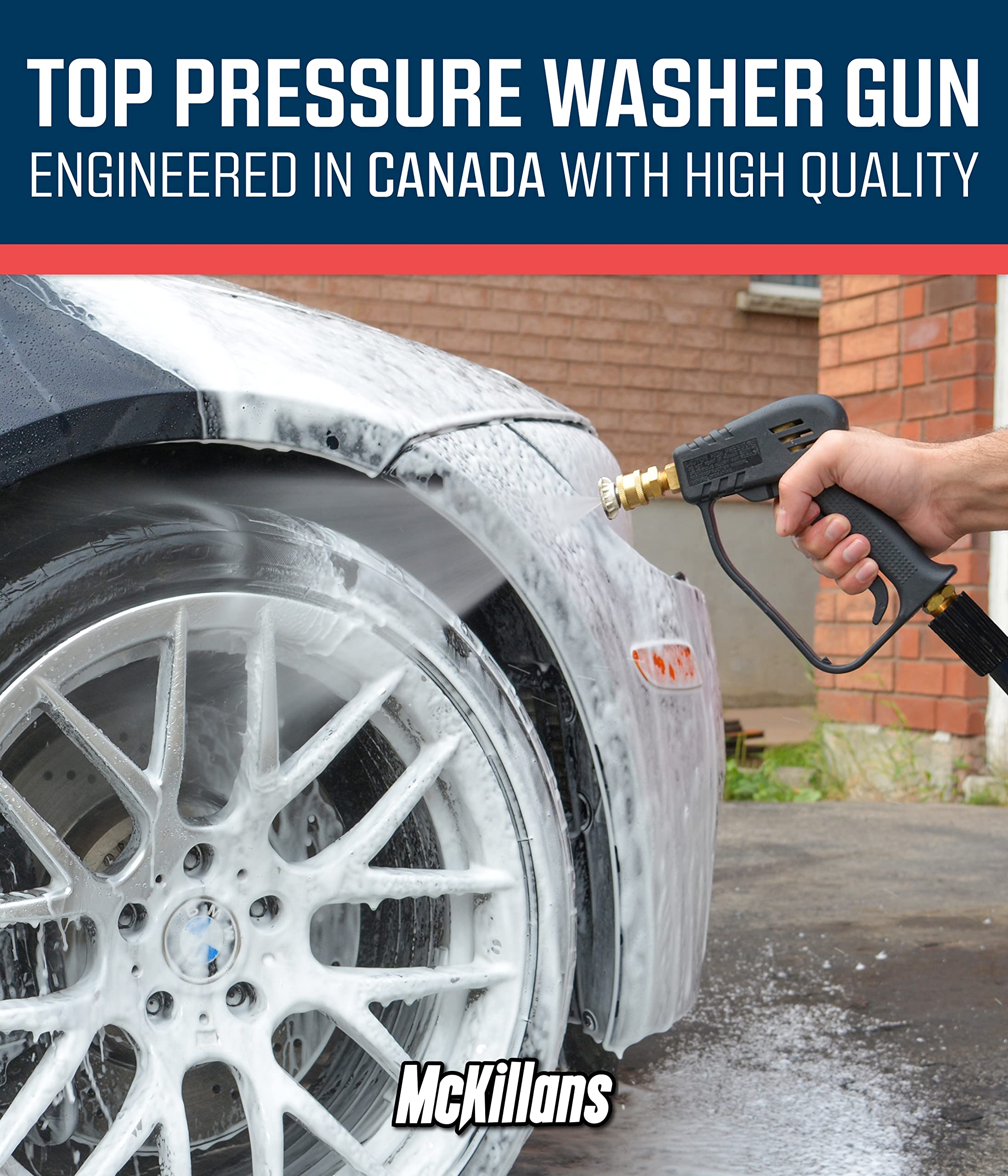 User holding McKillans Pressure Washer Gun with foam cannon