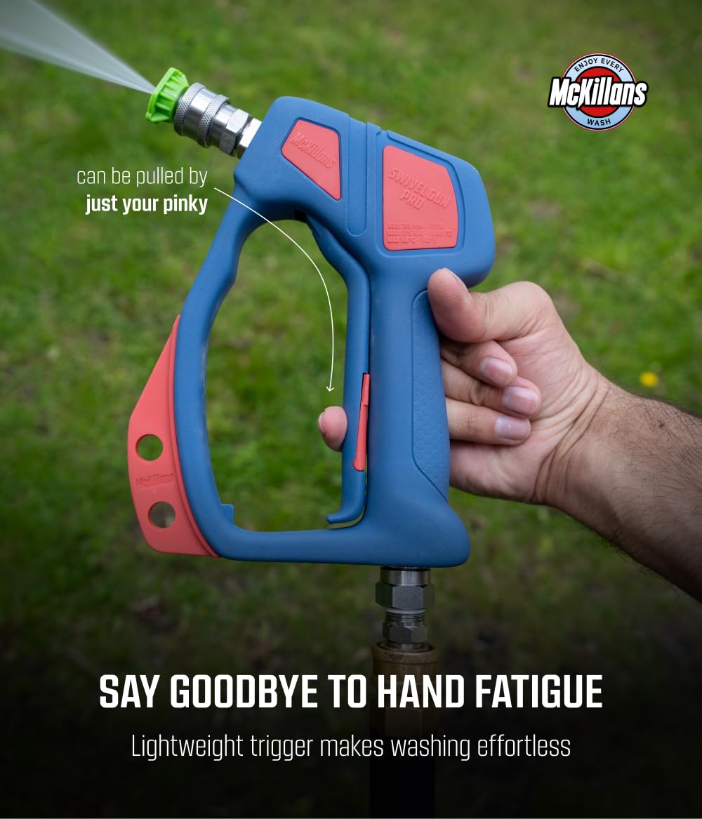 User holding McKillans Swivel Gun Pro during a car wash