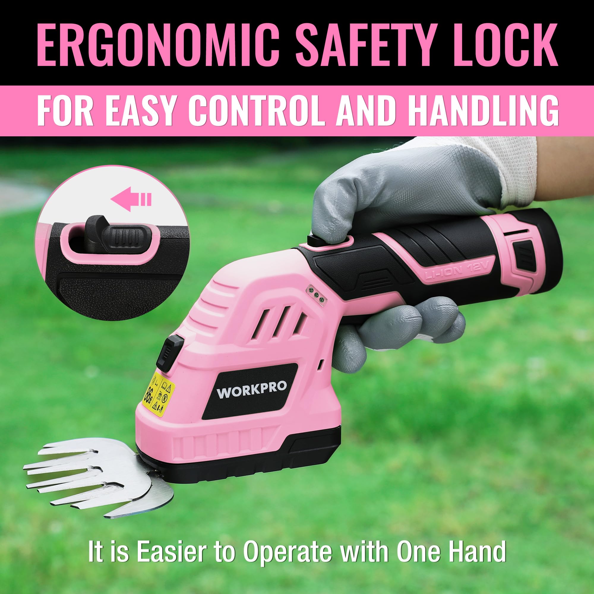 User holding WORKPRO 12V Cordless Grass Shear & Shrub Trimmer with one hand