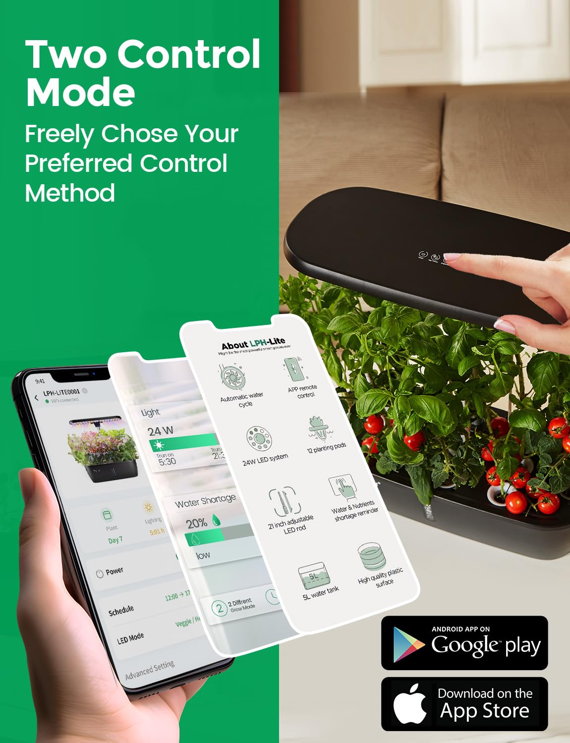 User interacting with LETPOT Hydroponics app on smartphone