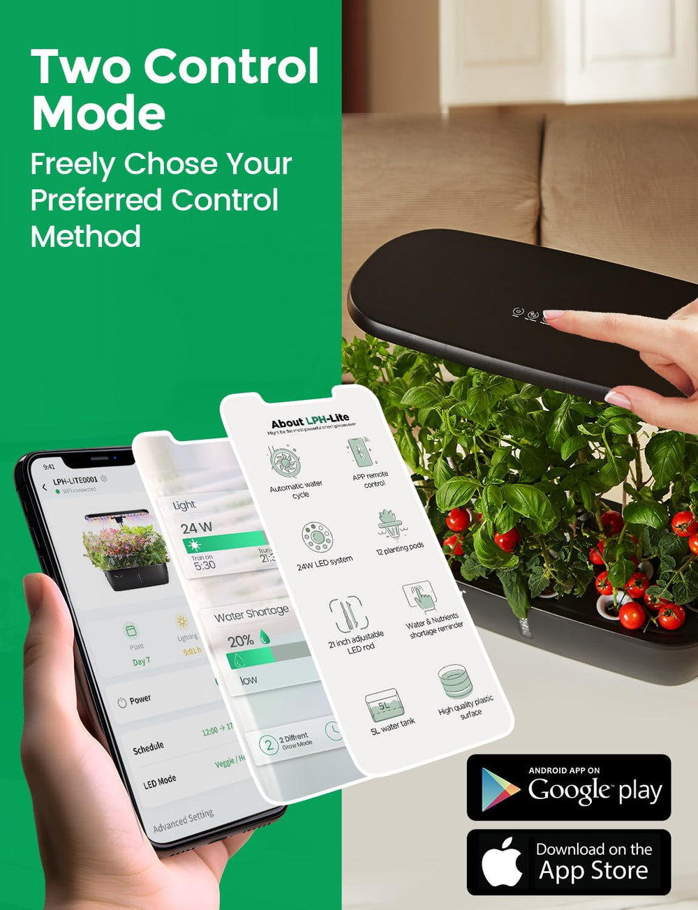 User interacting with LETPOT Hydroponics app on smartphone