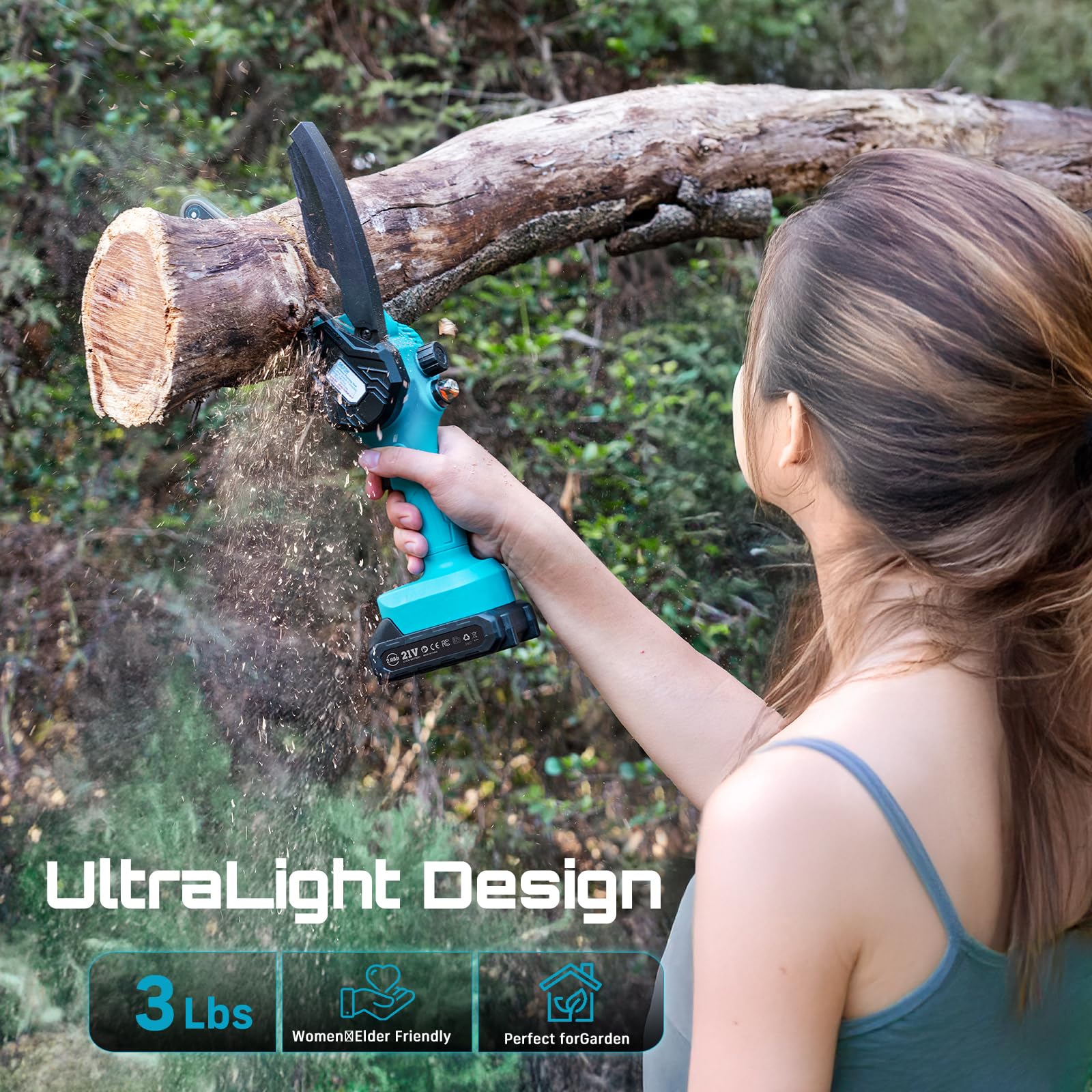 User operating Seesii chainsaw in garden